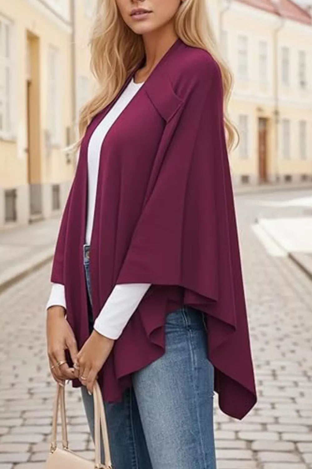Draped Knitted Split Cape Shawl with Strap