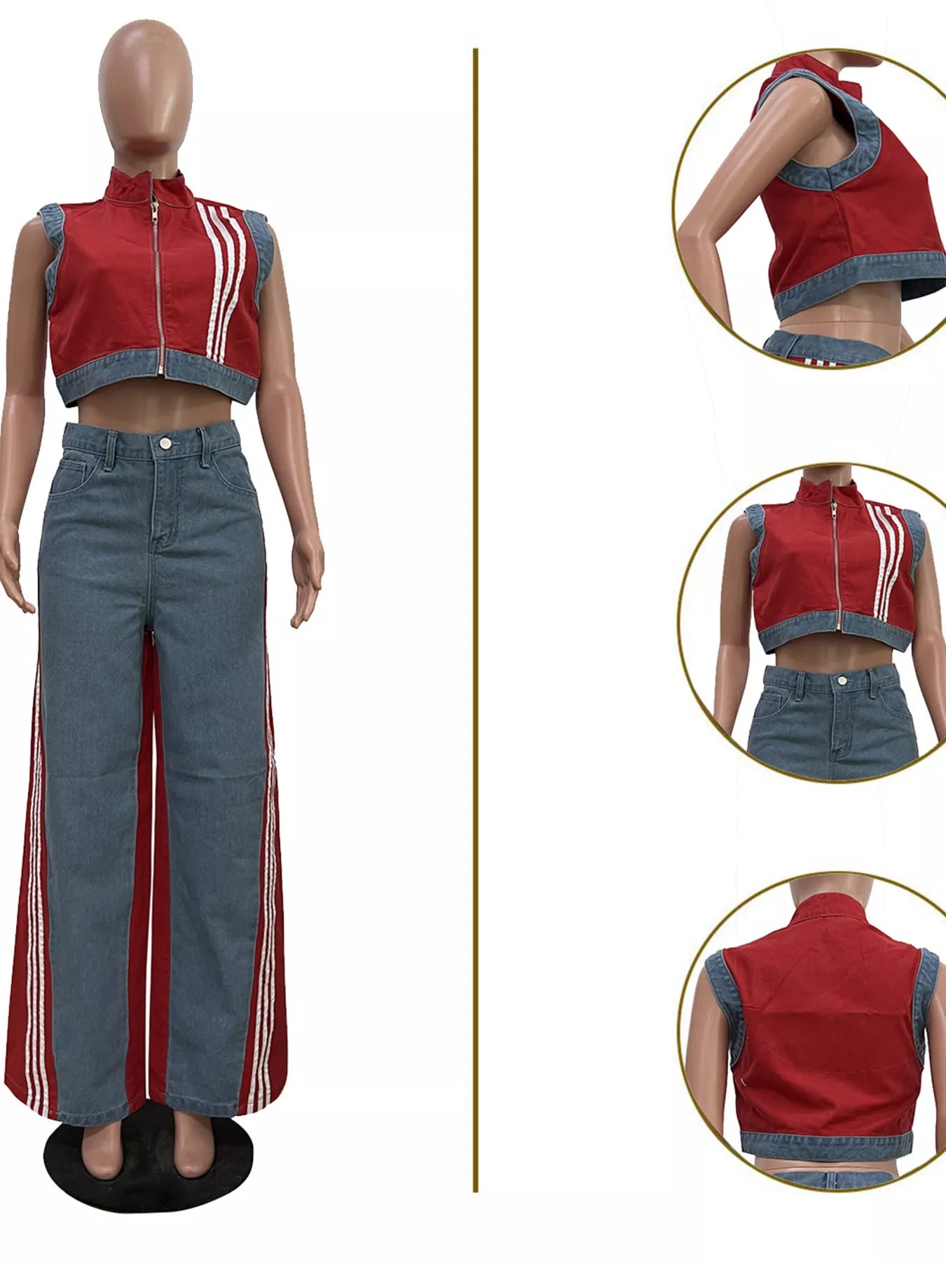 Zip Front Crop Top and Striped Pants Set