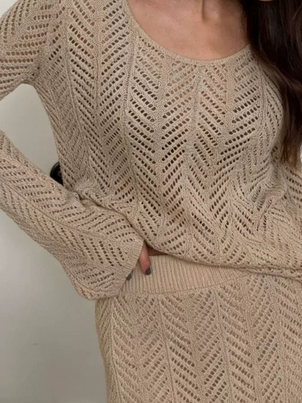 Openwork Long Sleeve Knit Top and Skirt Set