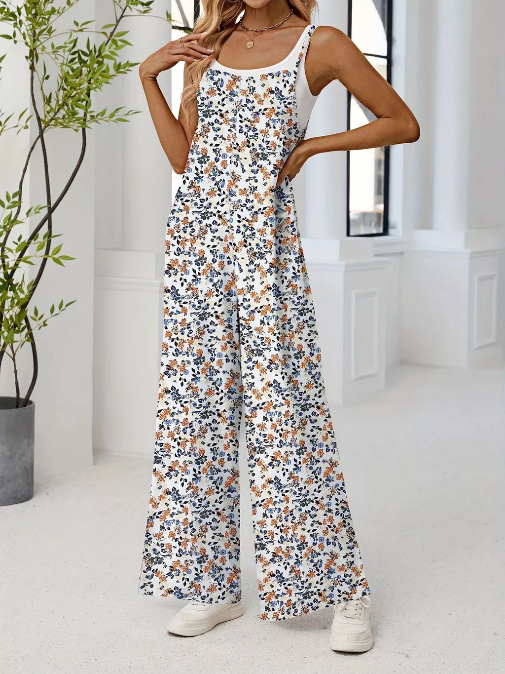 Full Size Floral Print Wide Leg Casual Jumpsuit Plus Size