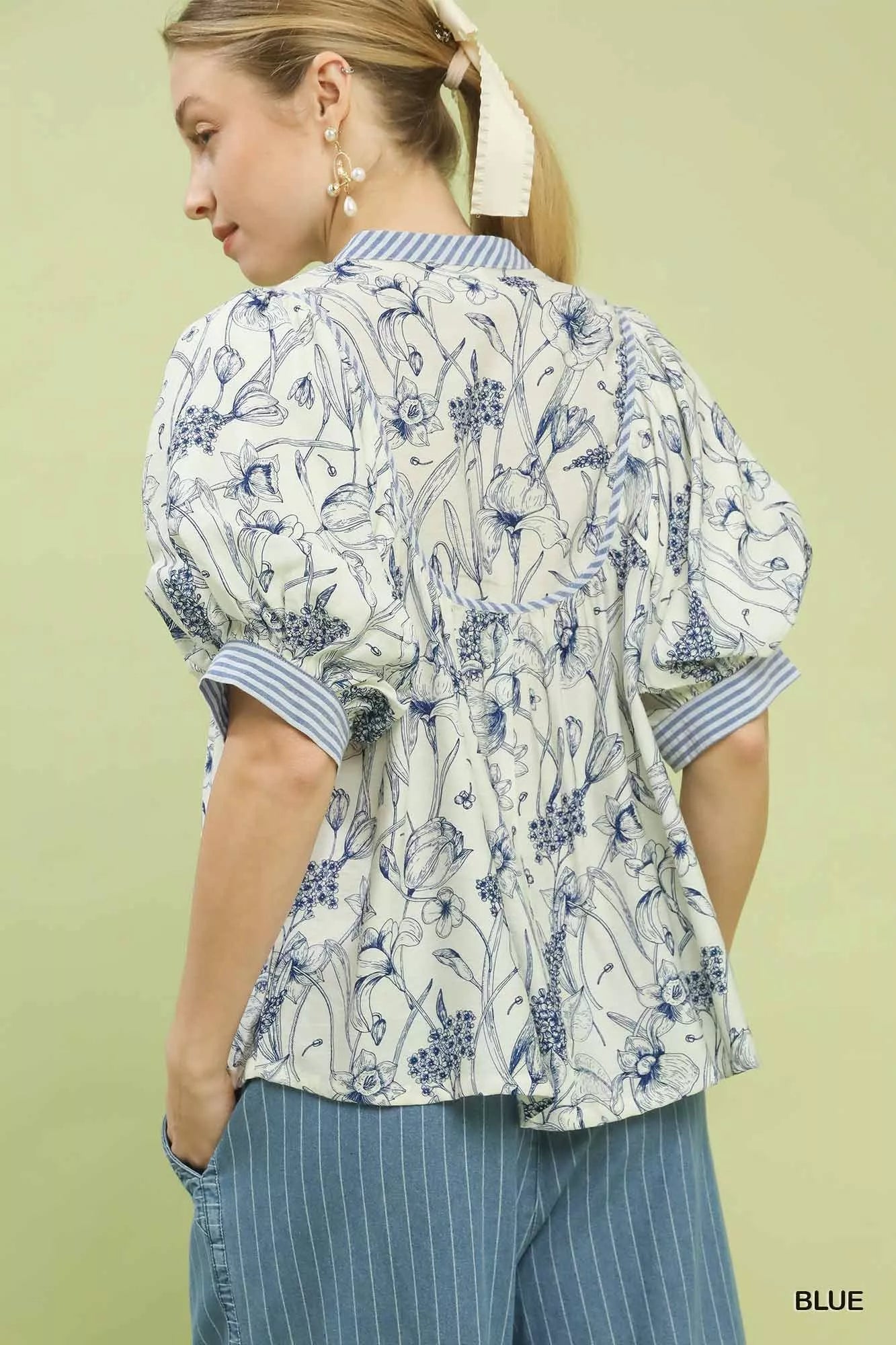 Umgee Mixed Print Puff Sleeve Split Neck Top