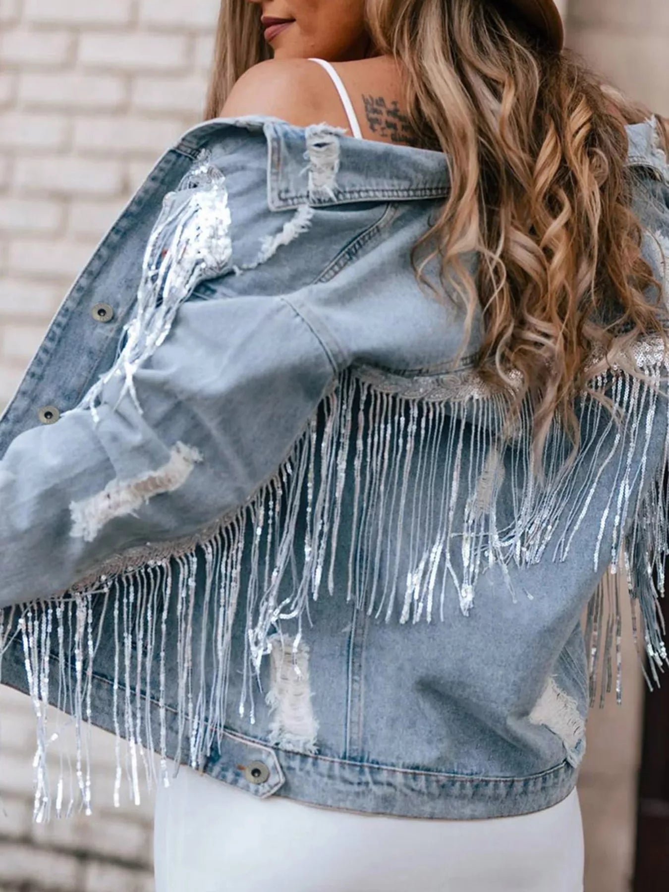 Fringed Sequin Embellished Denim Jacket