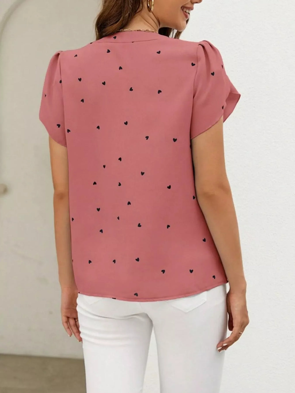 Heart Print Petal Sleeve Blouse