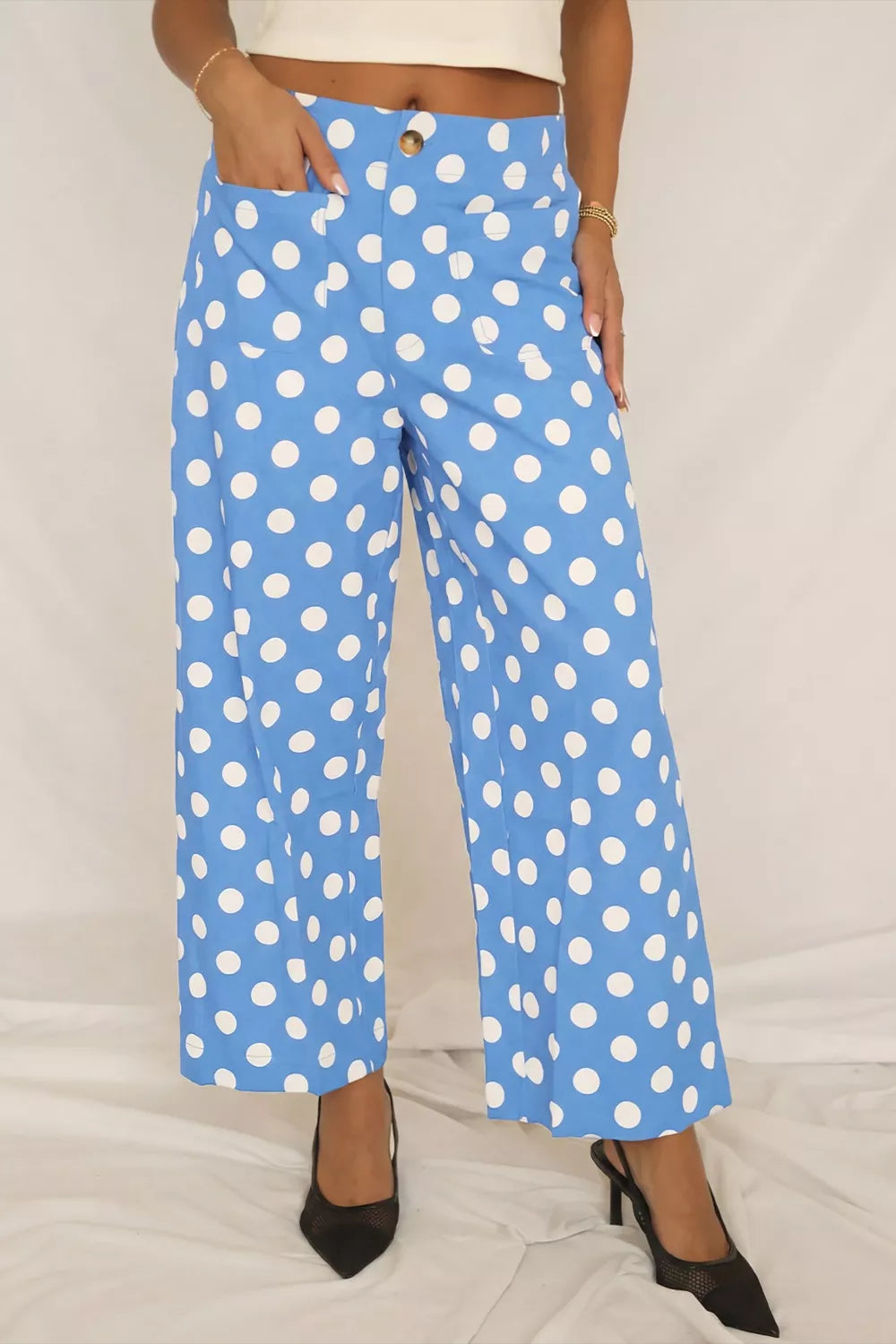 Polka Dot Print Patched Pocket Mid-rise Straight Leg Pants