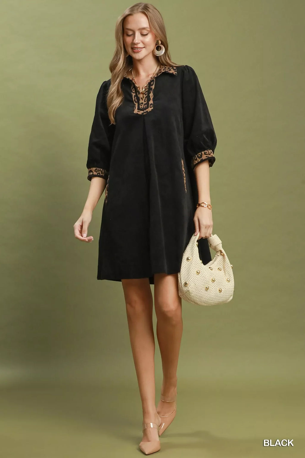 Umgee V-Neck Shift Dress with Contrast Trim