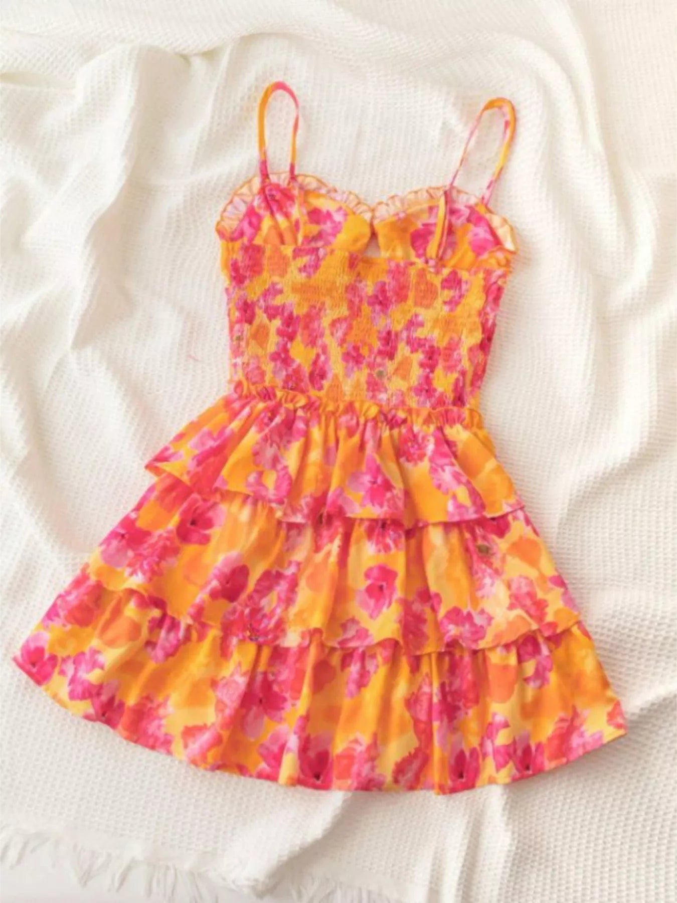 Cutout Floral Print Ruffle Layered Mini Dress