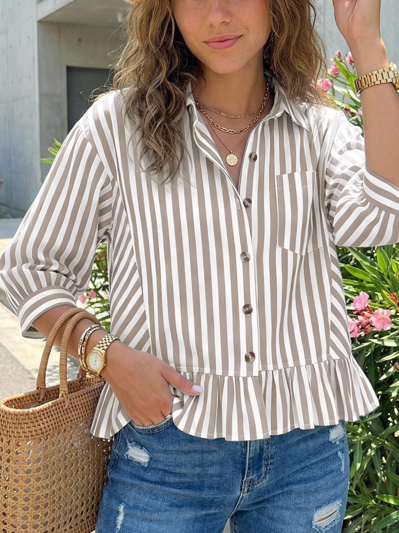 Striped Ruffle Hem Button-Down Shirt