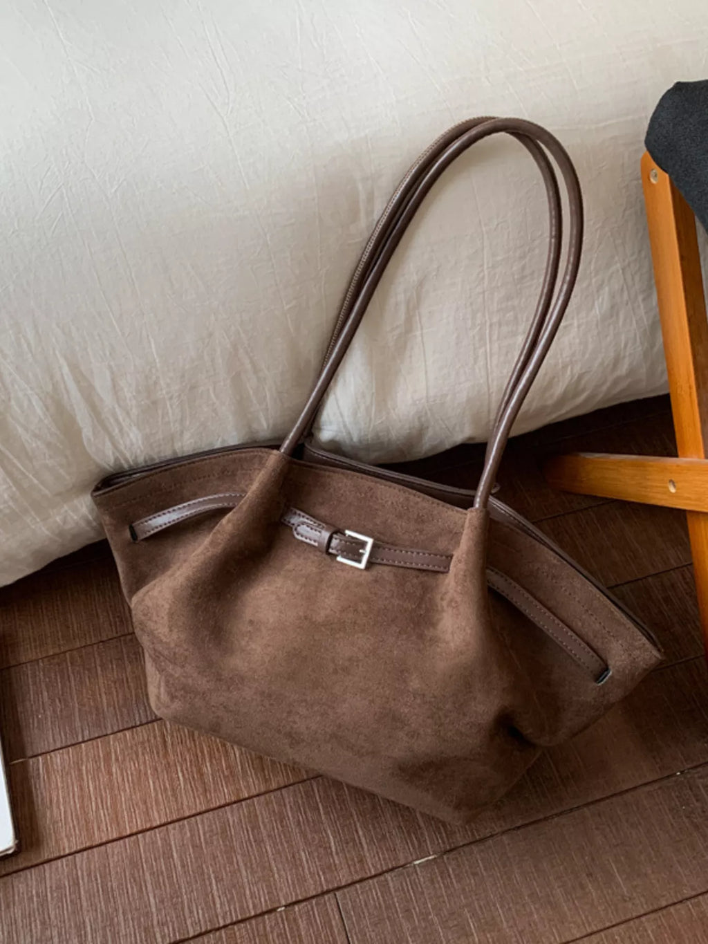 Solid Color Buckle Tote Bag