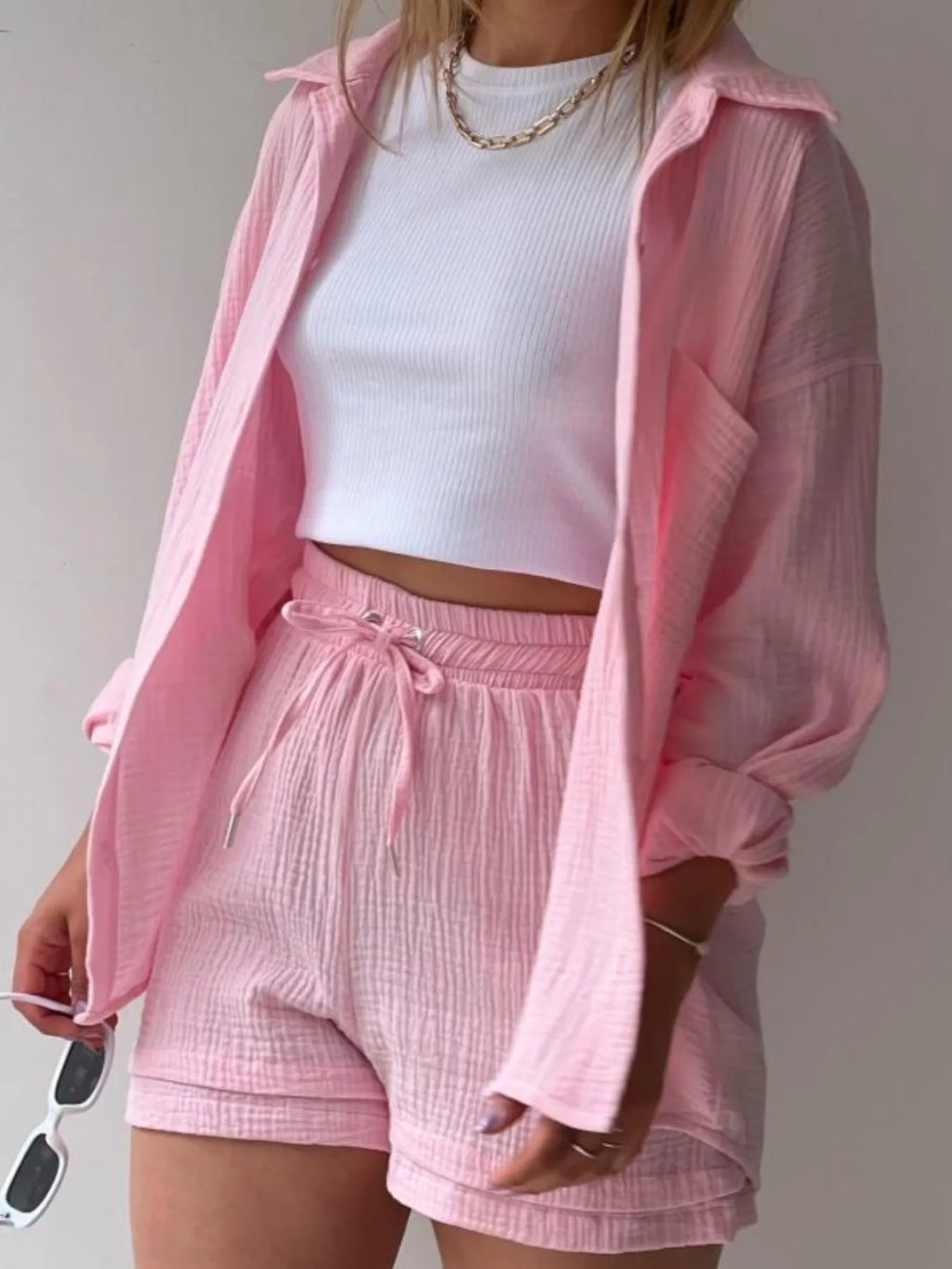 Textured Button Up Shirt and Shorts Set
