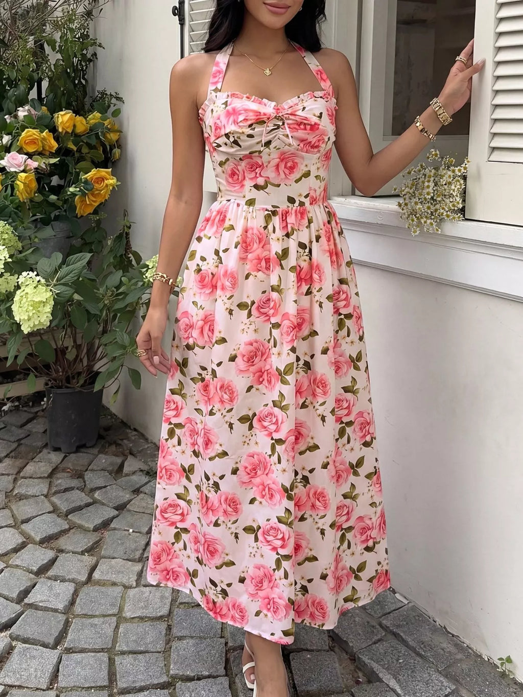 Floral Print Halter Neck Midi Dress