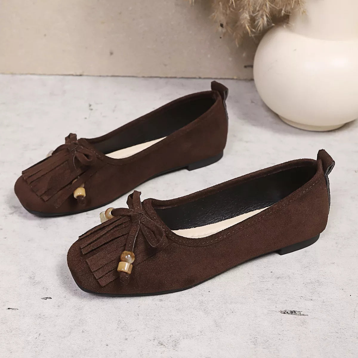 Suede Fringe Slip-Ons