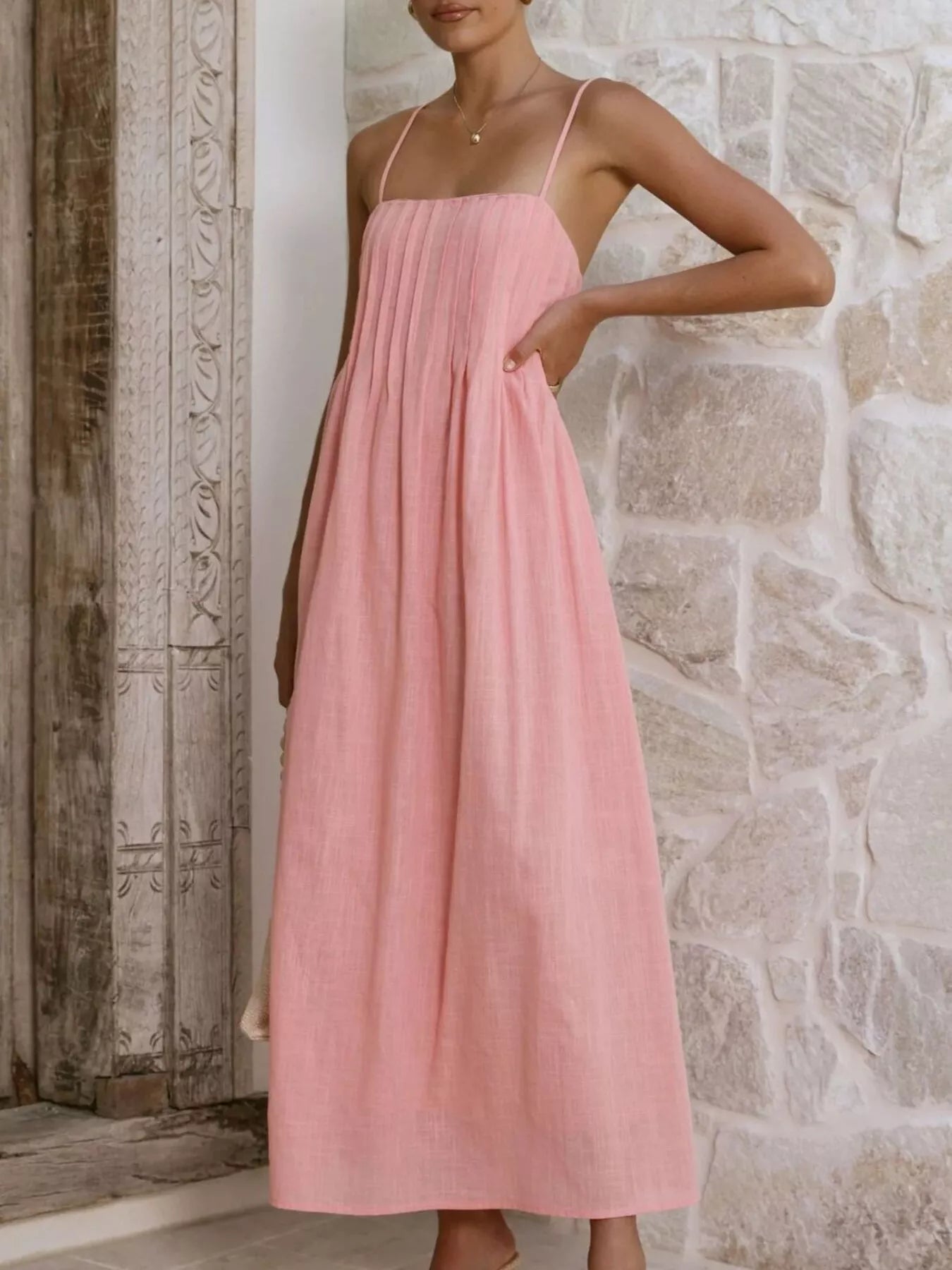 Pleated Bodice Midi Cami Dress