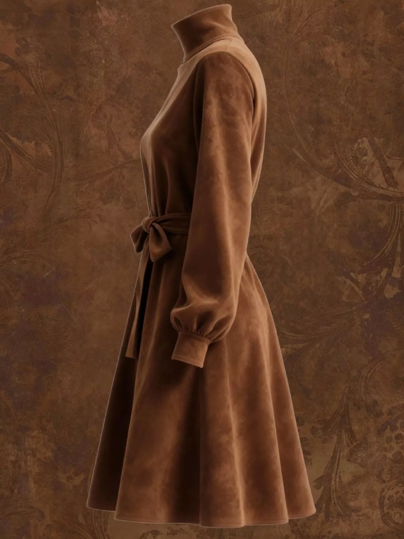 Bow Velvet Turtleneck Lantern Sleeve Dress