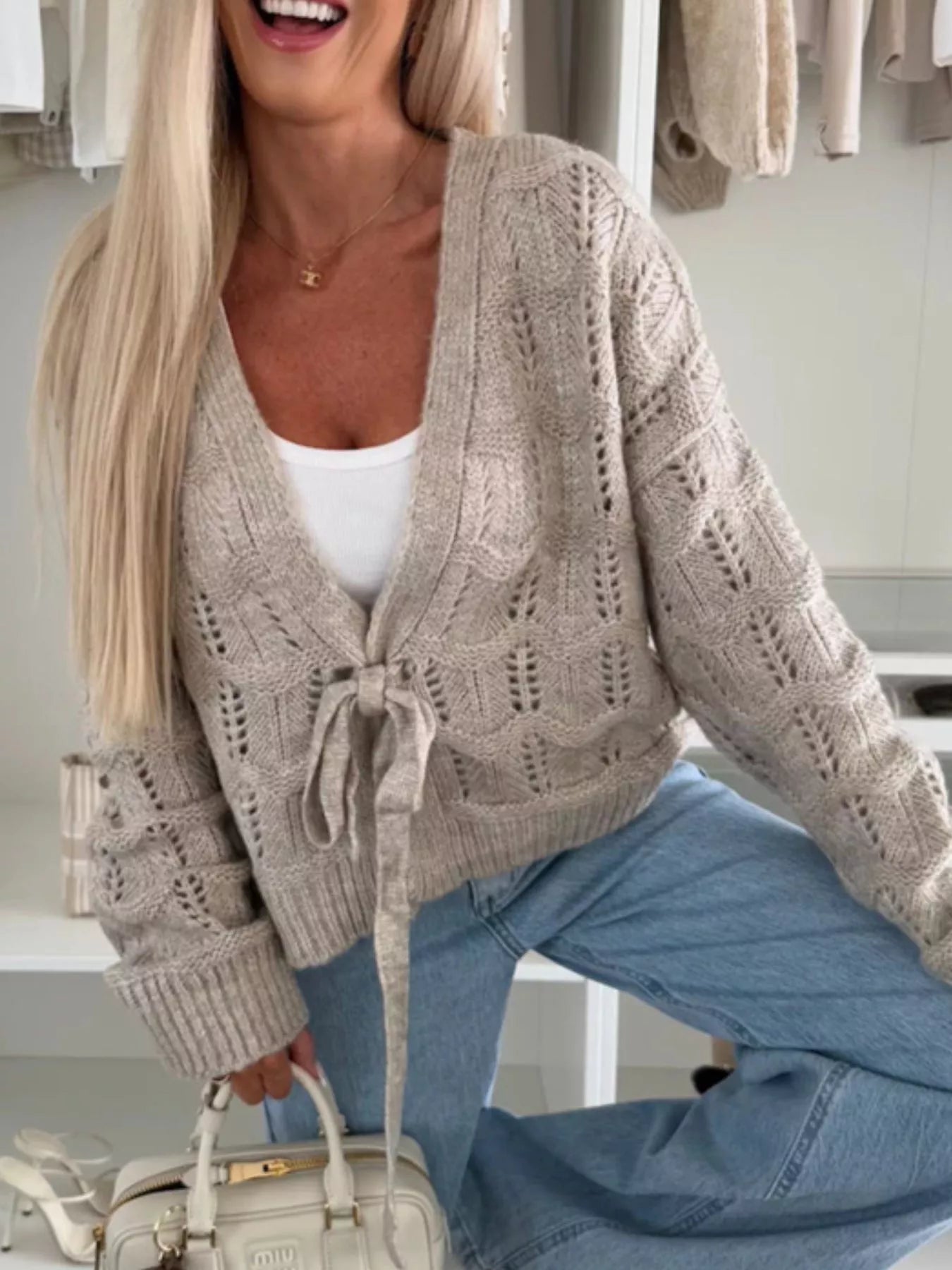 Tie-Front Openwork Cardigan