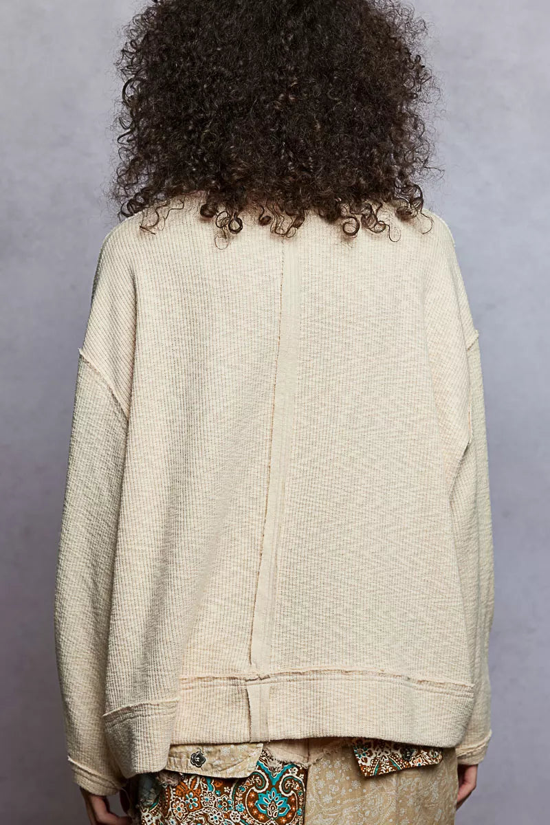 POL Balloon Sleeve Oversized Ribbed Top with Floral Pattern Contrast