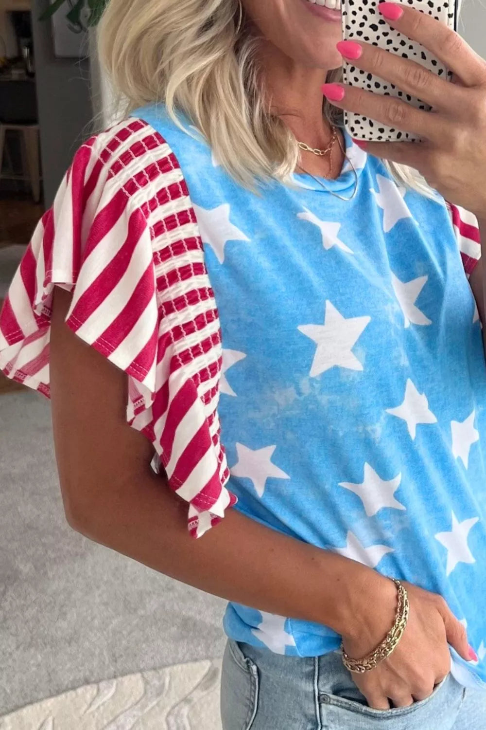 Vintage Star Print Striped Ruffle Sleeve Independence Day Top