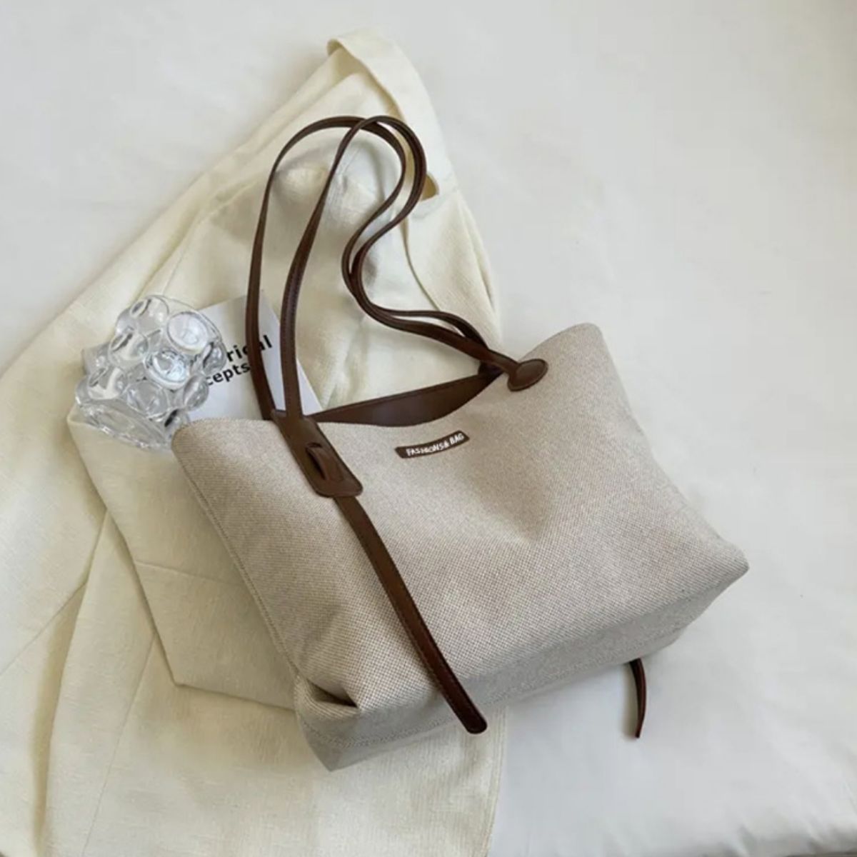 Leather Trim Canvas Shoulder Bag