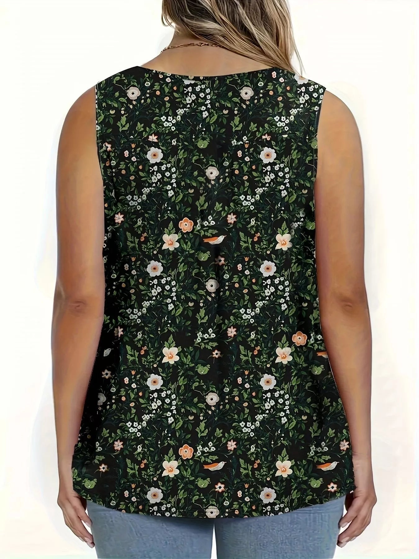 Full Size Floral Print Button Detail Tank Plus Size