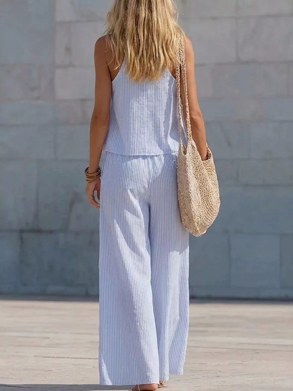 Striped V-Neck Tank and Wide-Leg Pants Set