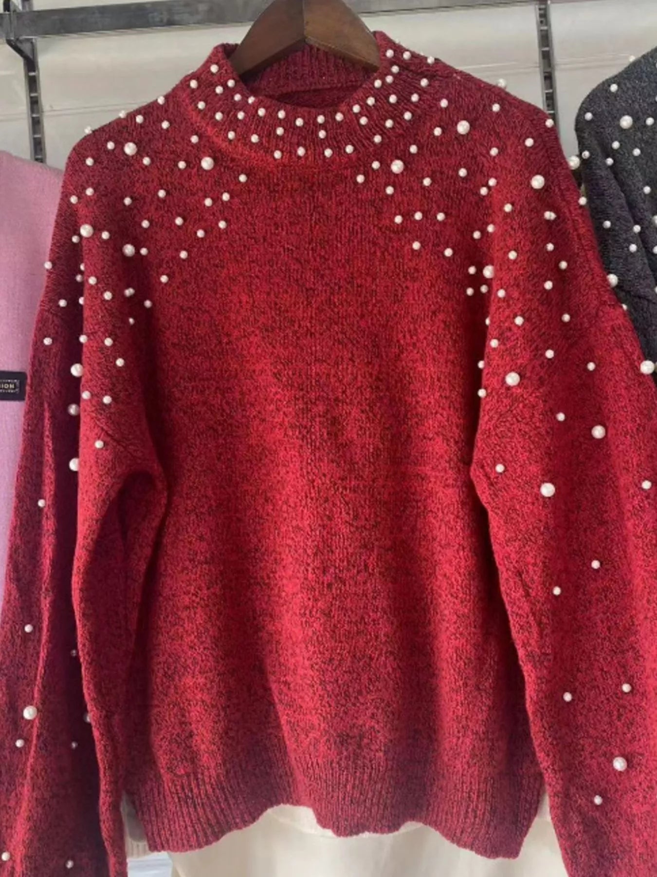 Pearl-Embellished Mock Neck Sweater
