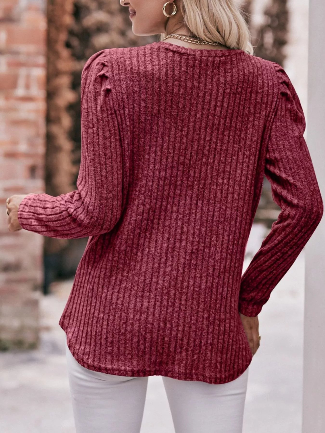 Ribbed Knit Puff Sleeve T-Shirt