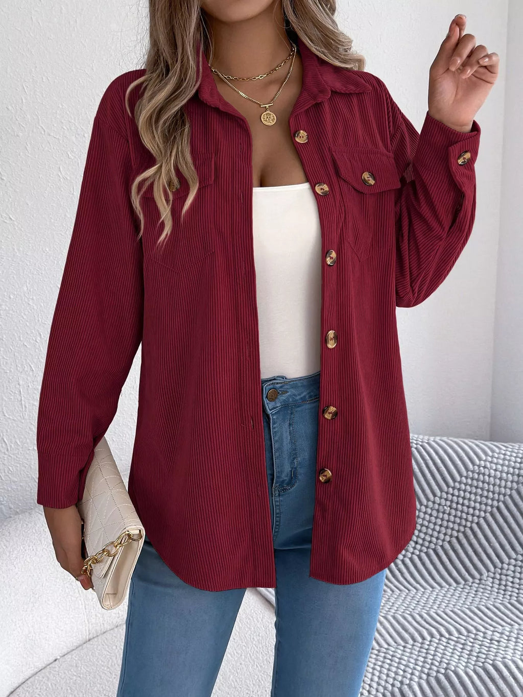 Casual Corduroy Button-Up Shacket