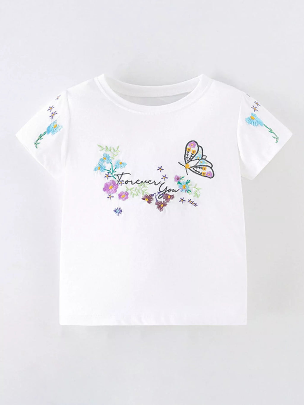 Children's Floral Butterfly Embroidered Short Sleeve T-Shirt