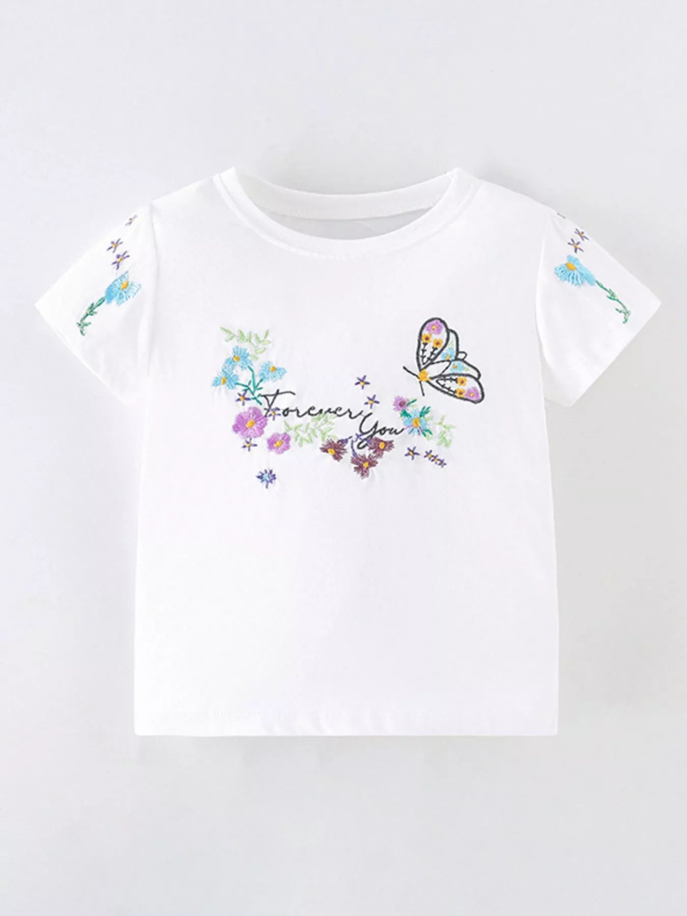 Children's Floral Butterfly Embroidered Short Sleeve T-Shirt