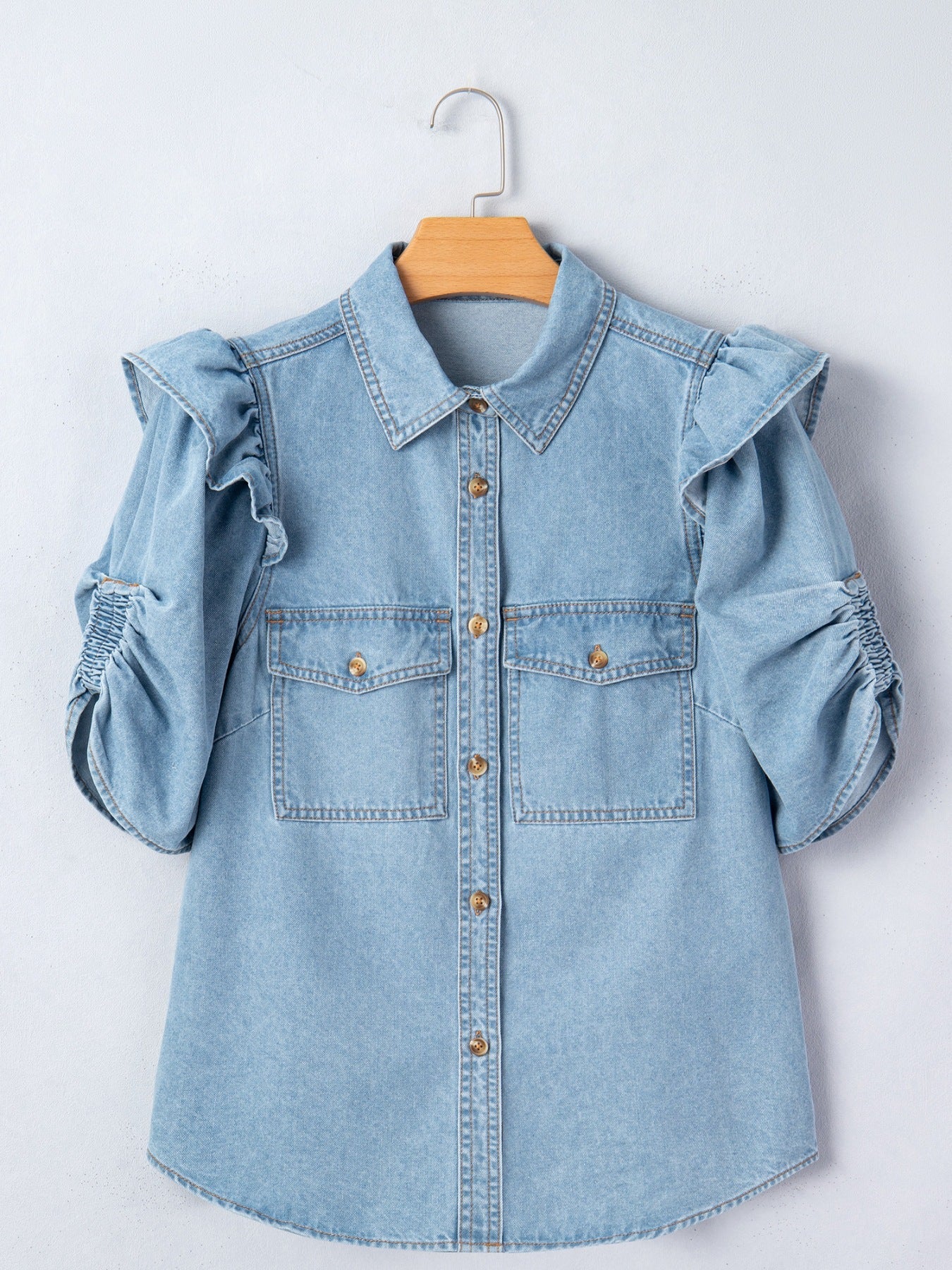 Ruffled Button-Down Denim Shirt