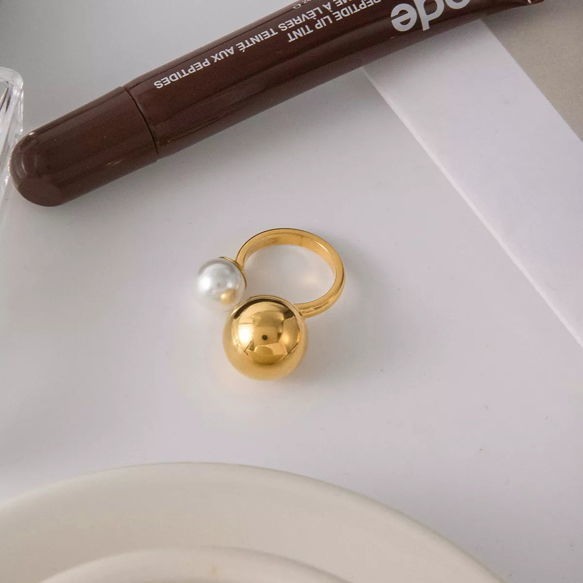 18K Gold-Plated Orb & Pearl Open Ring