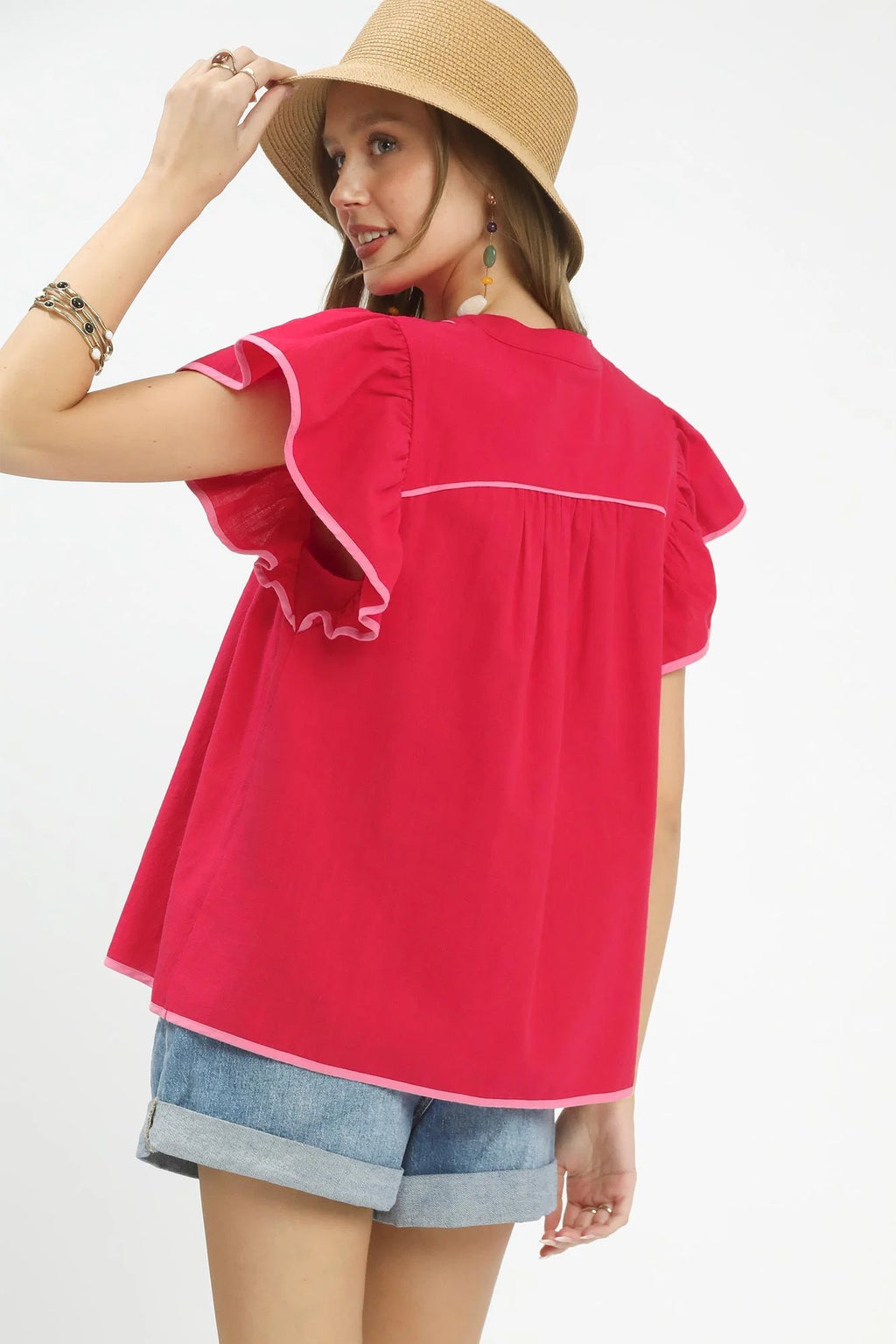 Umgee Contrast Trim Babydoll Blouse