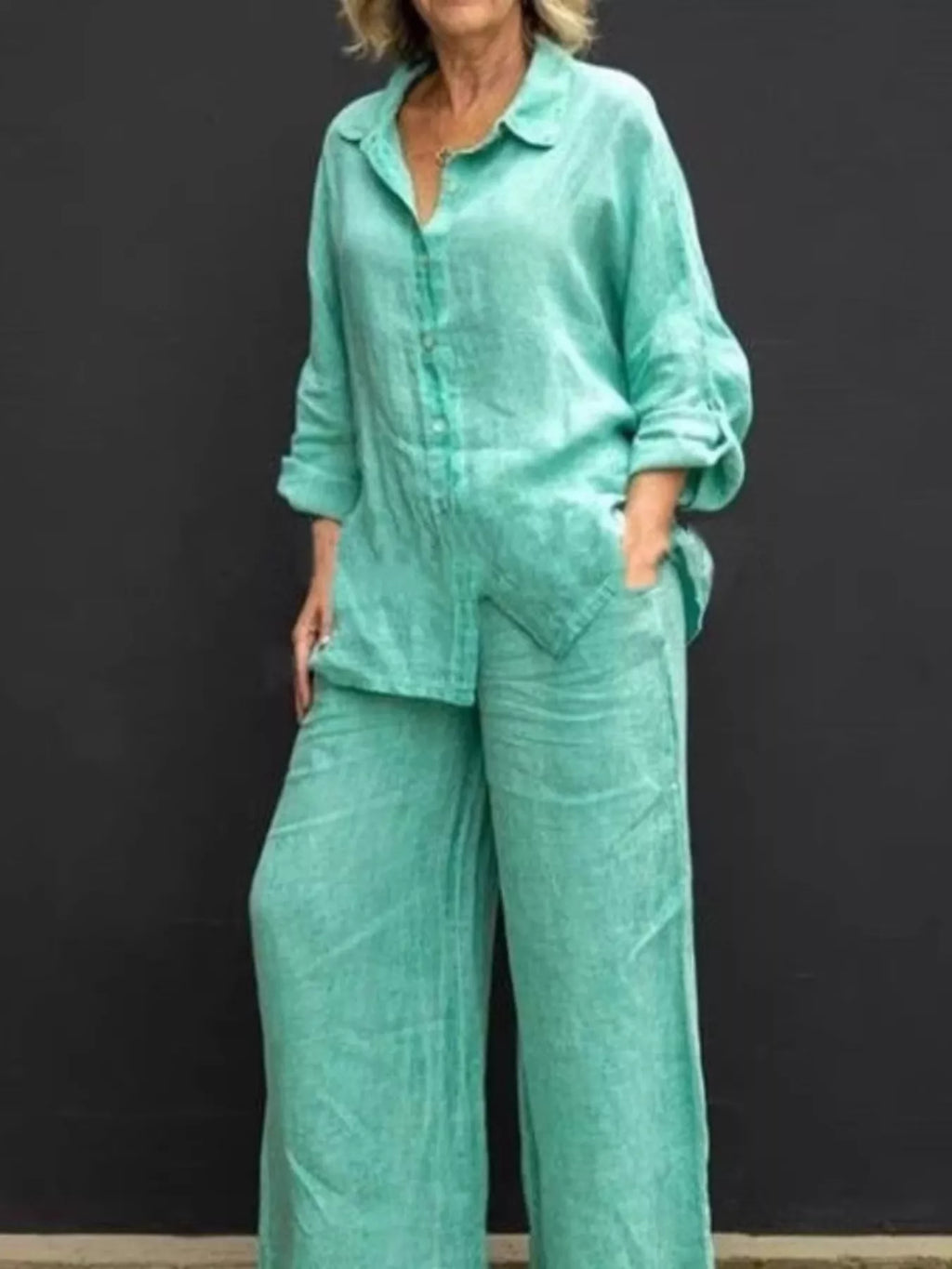 Full Size Long Sleeve Shirt and Pants Set Plus Size
