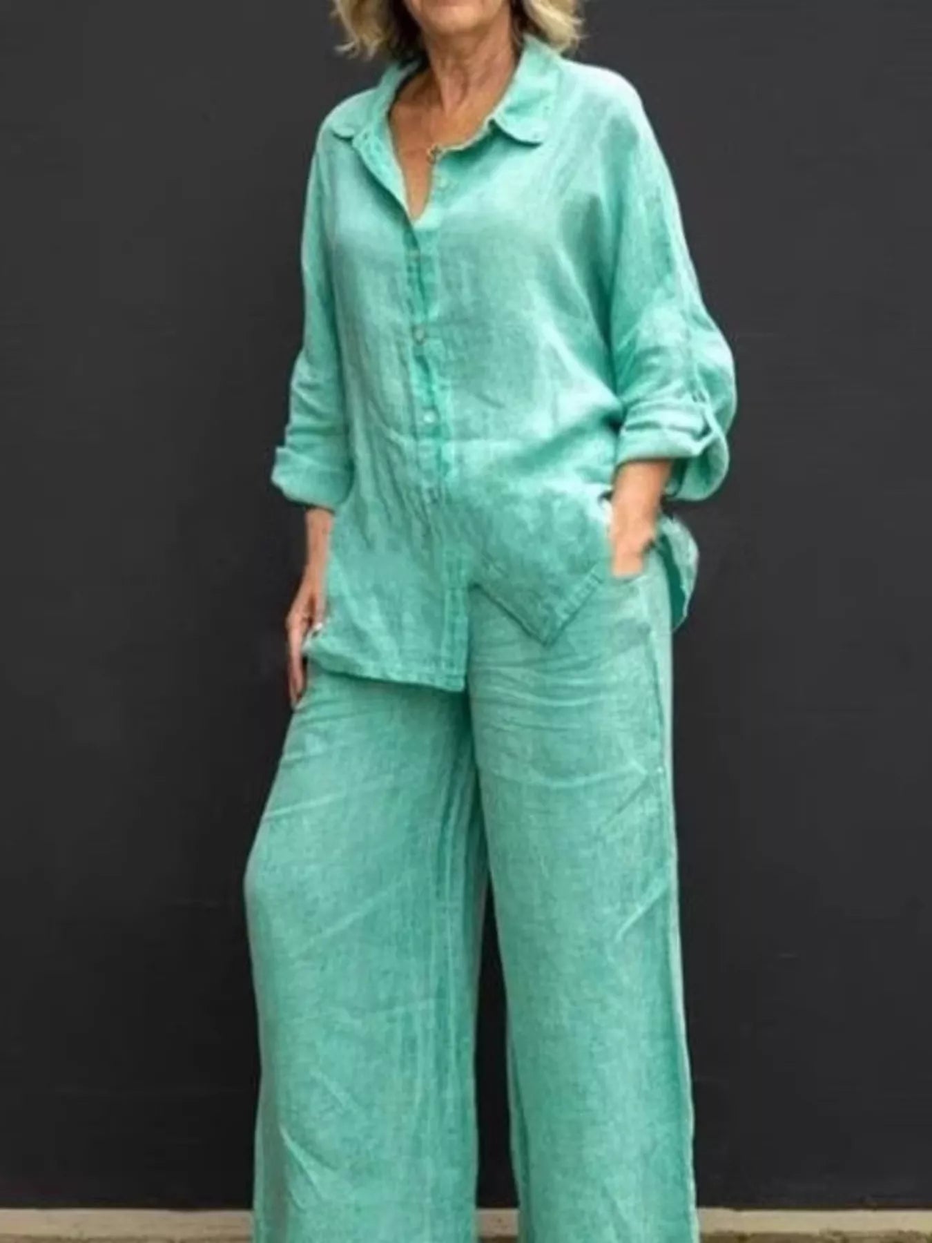 Full Size Long Sleeve Shirt and Pants Set Plus Size