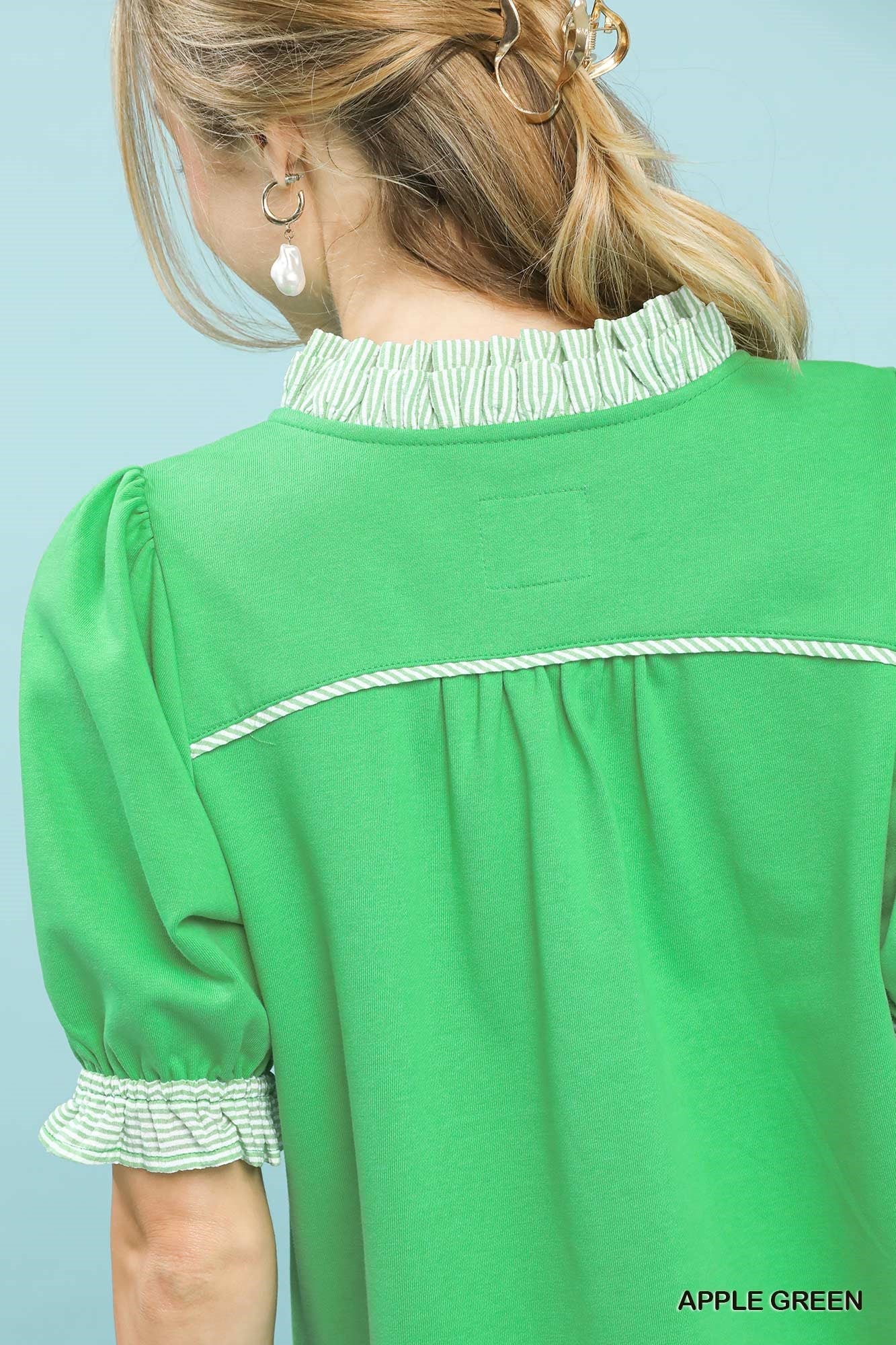 Umgee French Terry Ruffle Trim Puff Sleeve Top