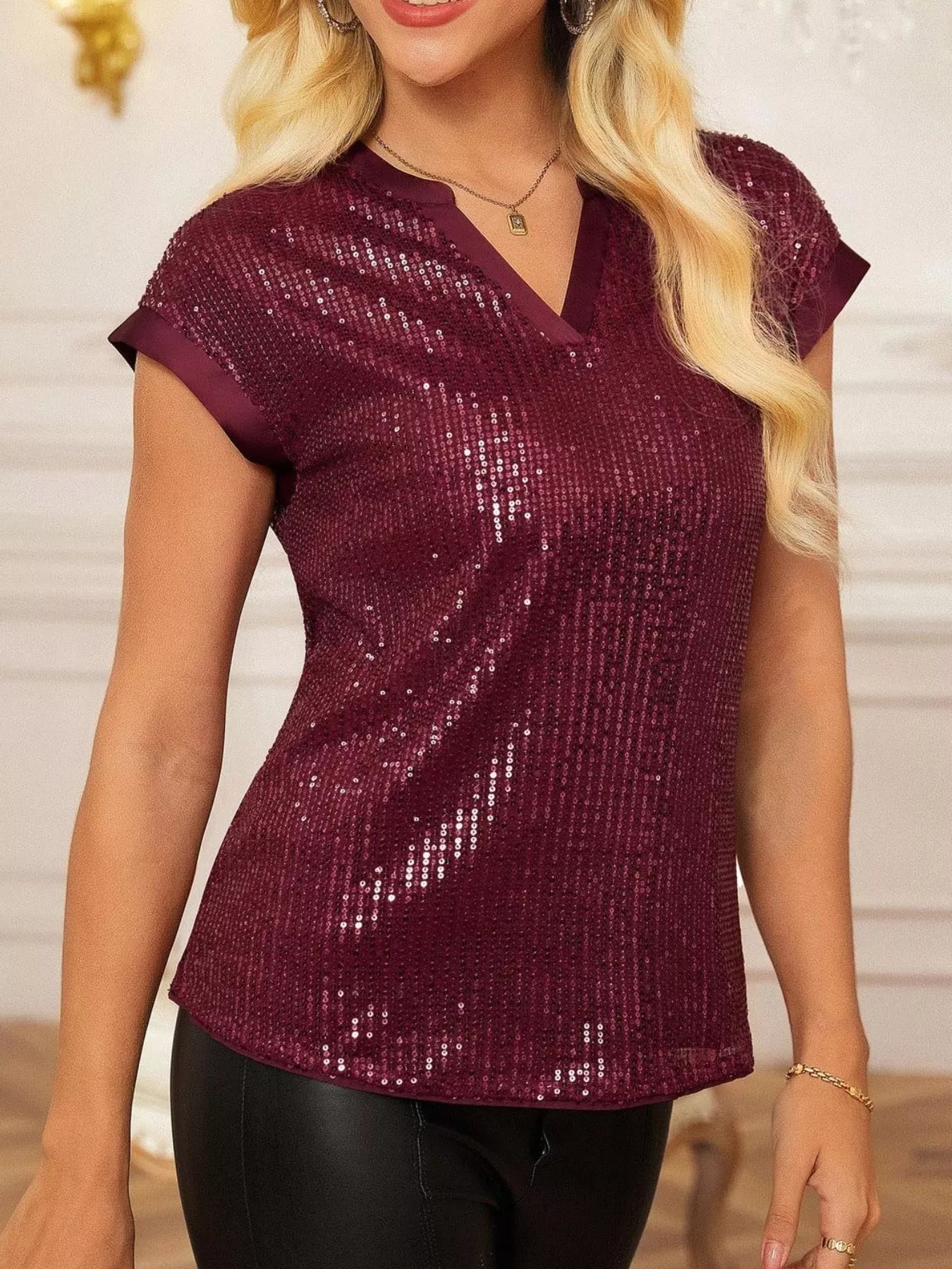 Sequin Notched Cap Sleeve Blouse