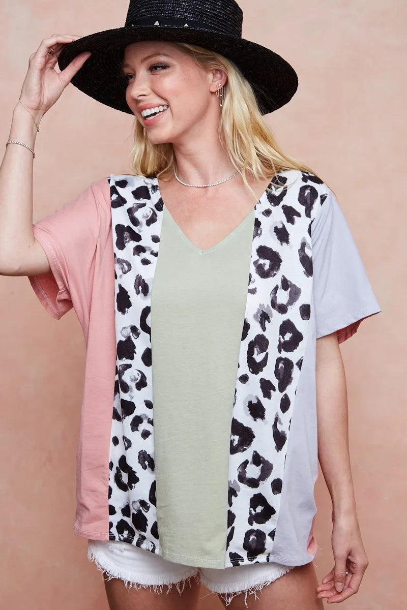 BiBi Cotton Span Knit With Leopard Color Block Top