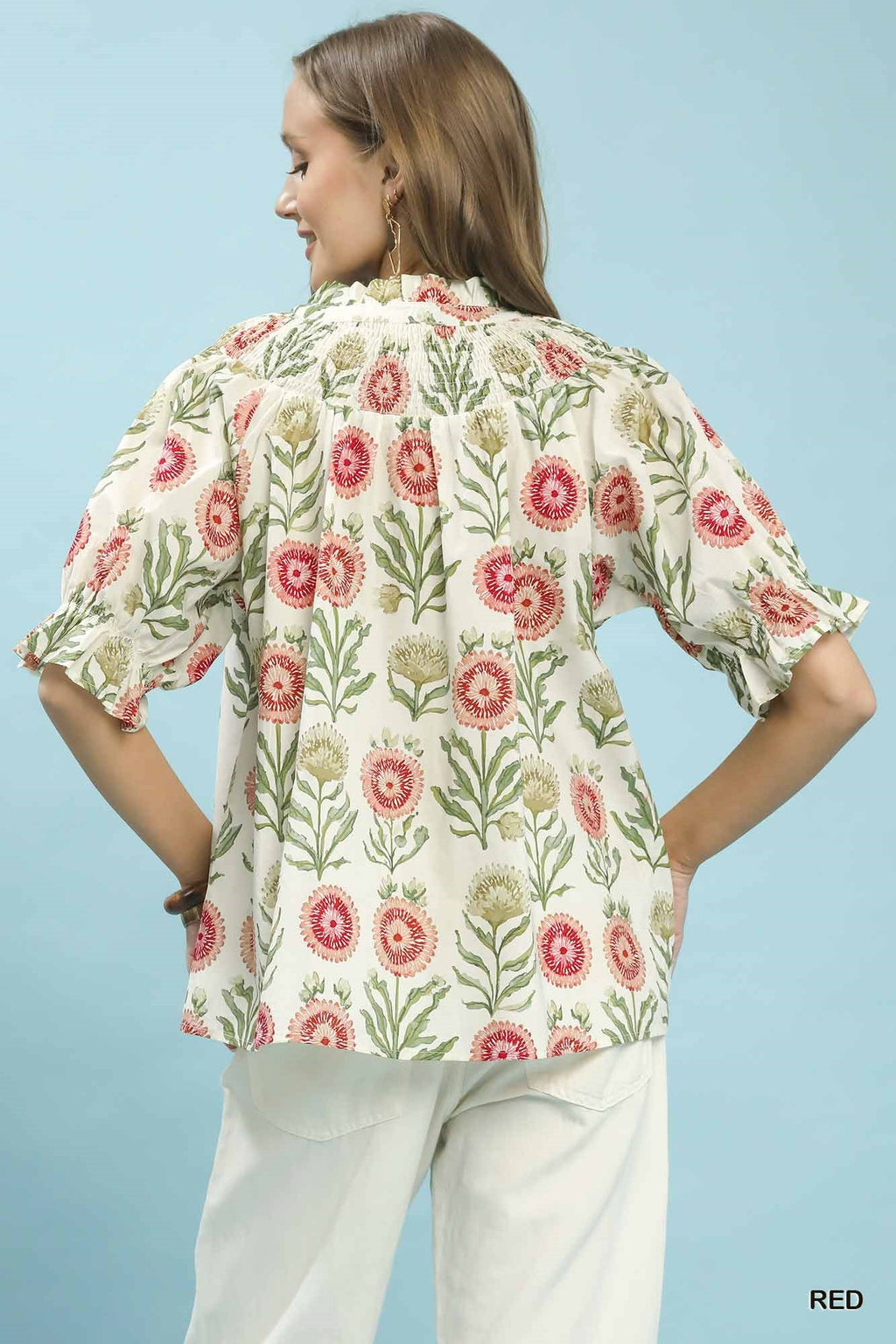 Umgee Floral Button-Front Short Sleeve Top
