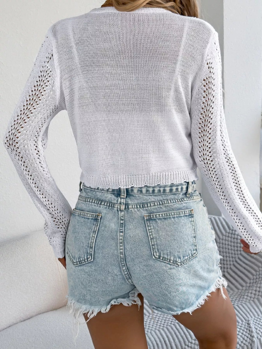 Crochet Knit Tie Front Cropped Cardigan