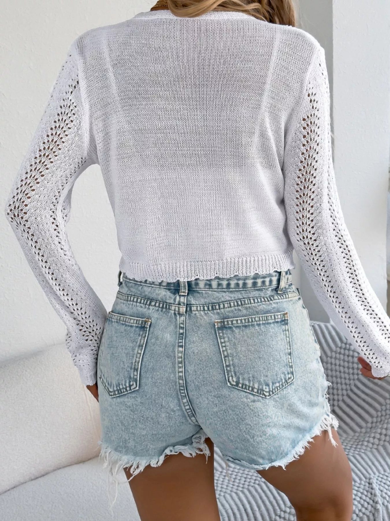 Crochet Knit Tie Front Cropped Cardigan