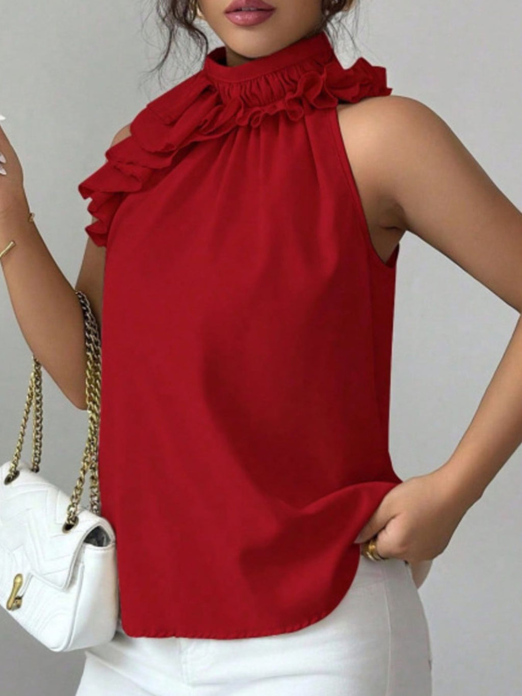 Ruffle High Neck Sleeveless Top