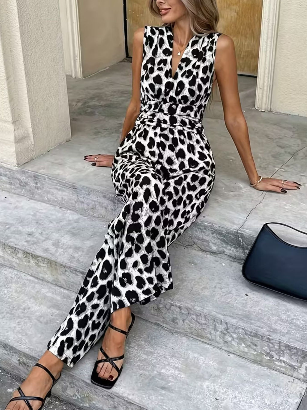 Sleeveless V-Neck Leopard Print Wide Leg Jumpsuit