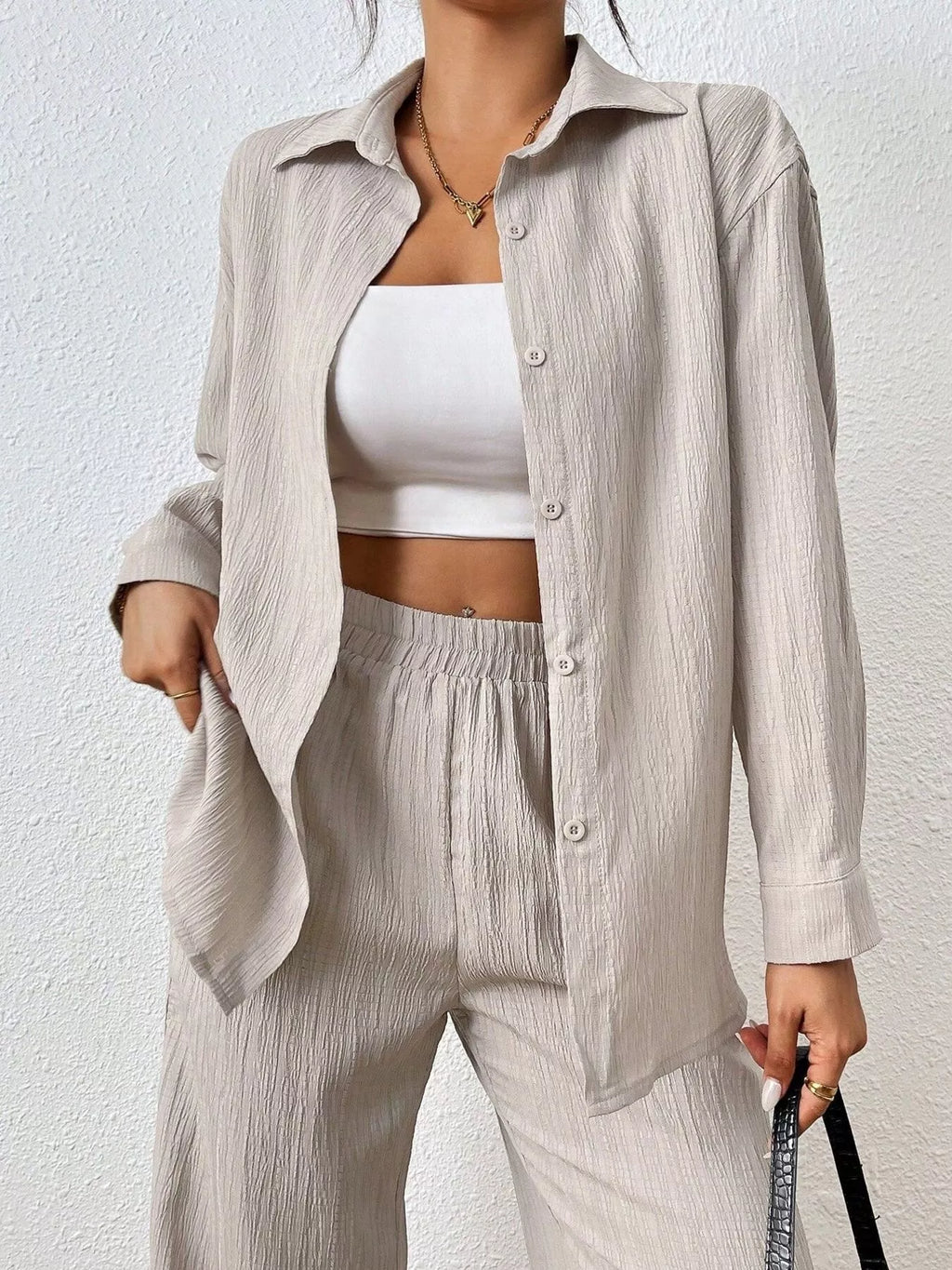 Button Up Long Sleeve Shirt and Pants Set