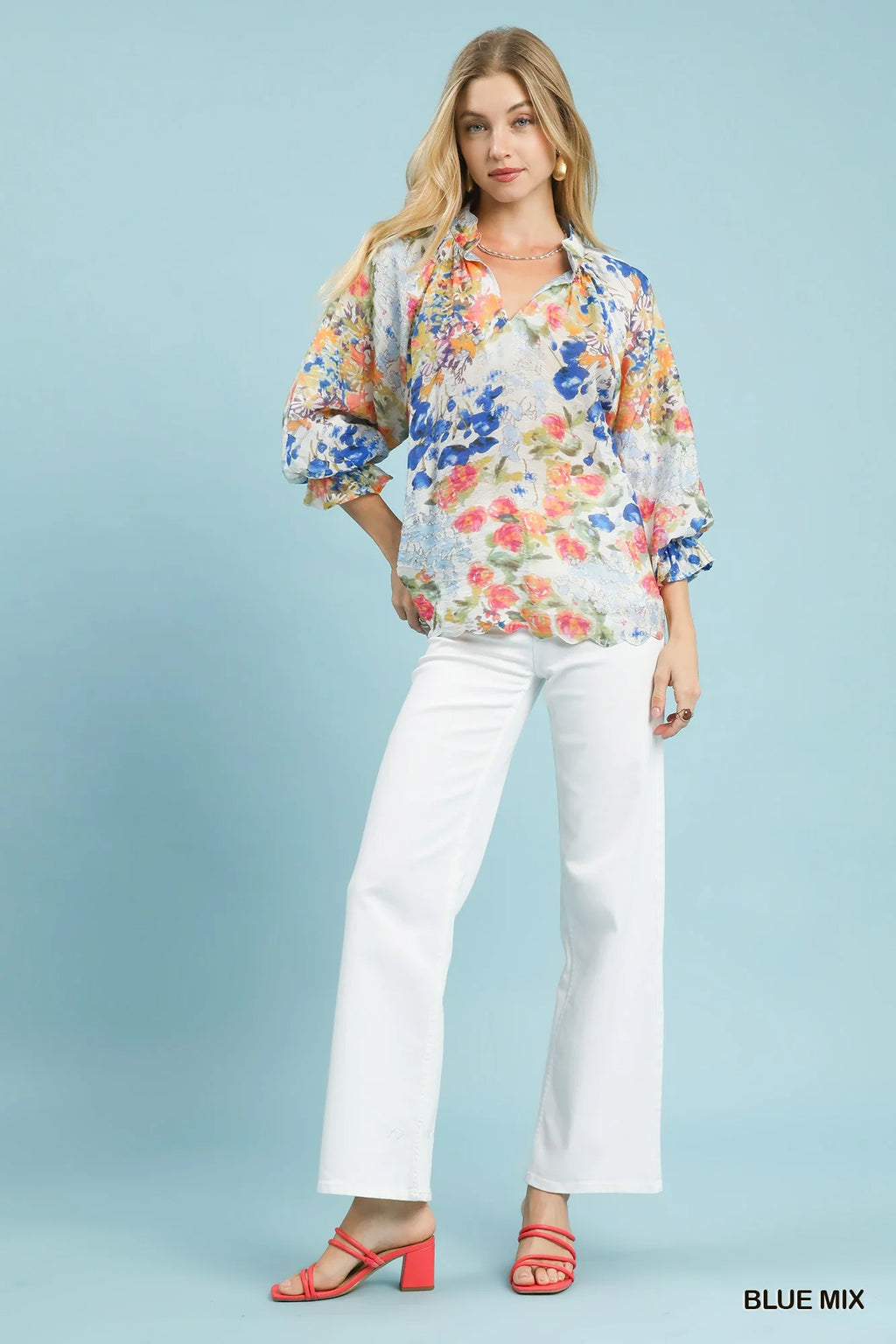 Umgee Watercolor Floral Blouse with Flounce Sleeve
