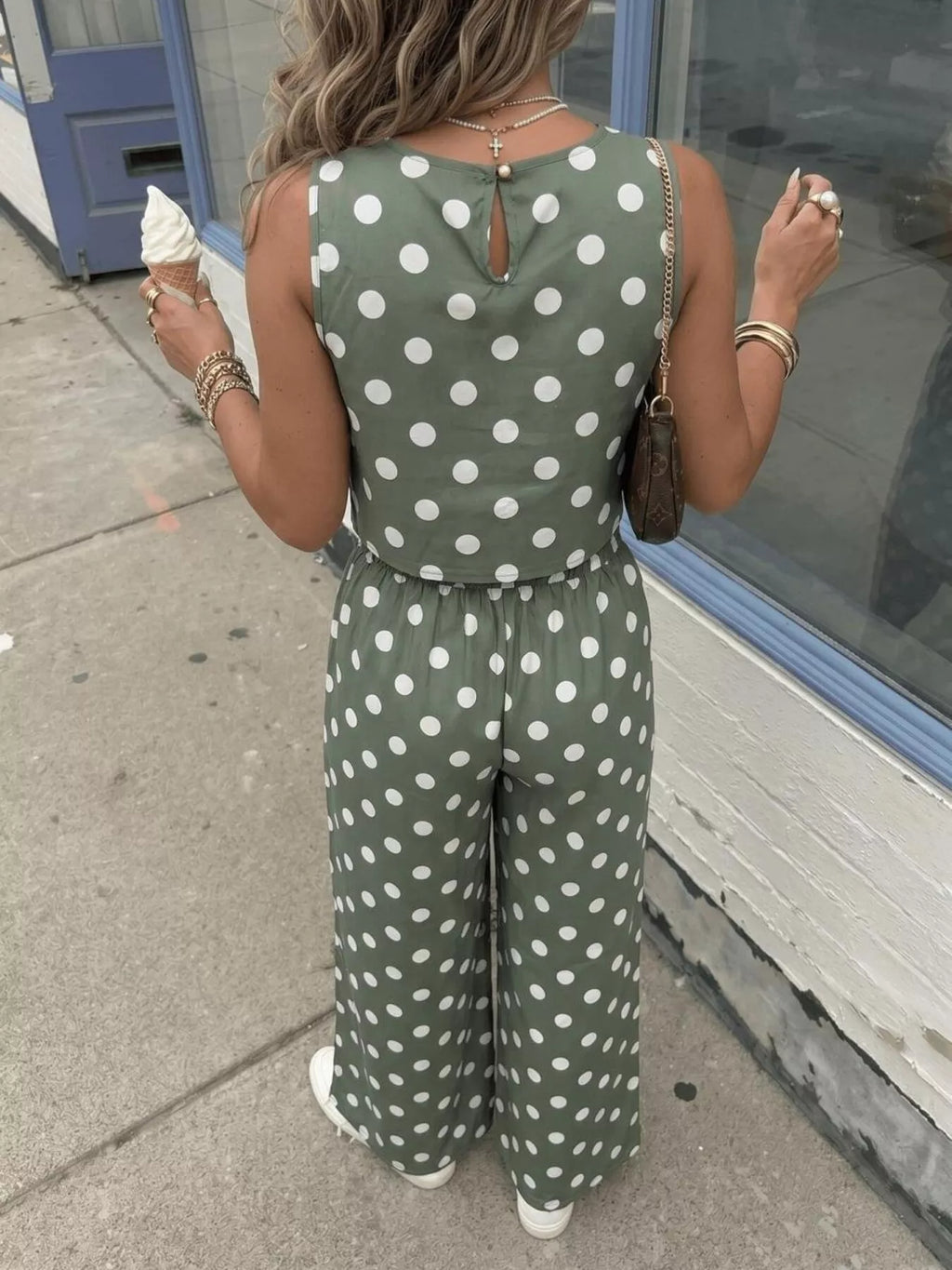 Polka Dot Sleeveless Top and Wide Leg Pants Set