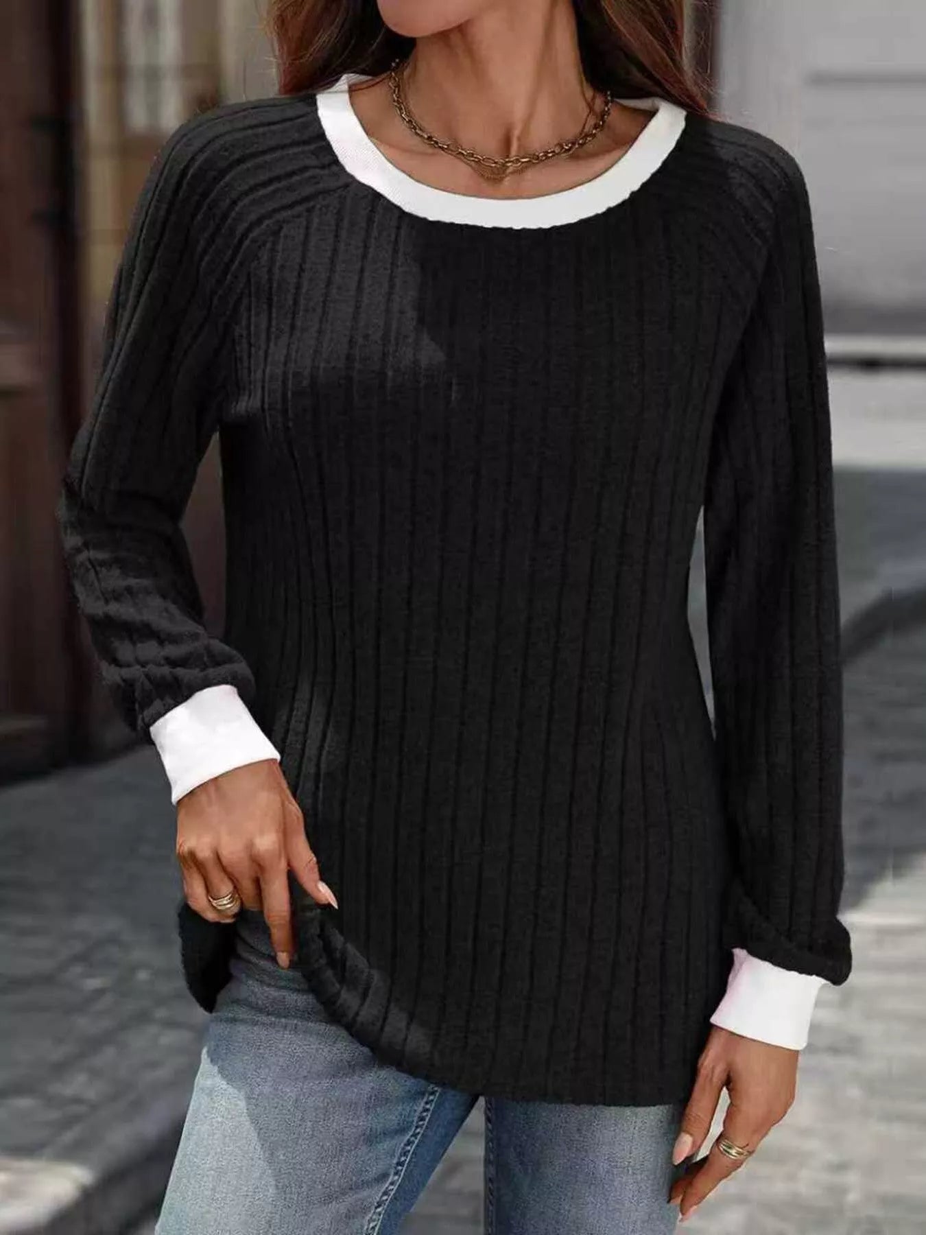 Ribbed Round Neck Raglan Sleeve Knit Top