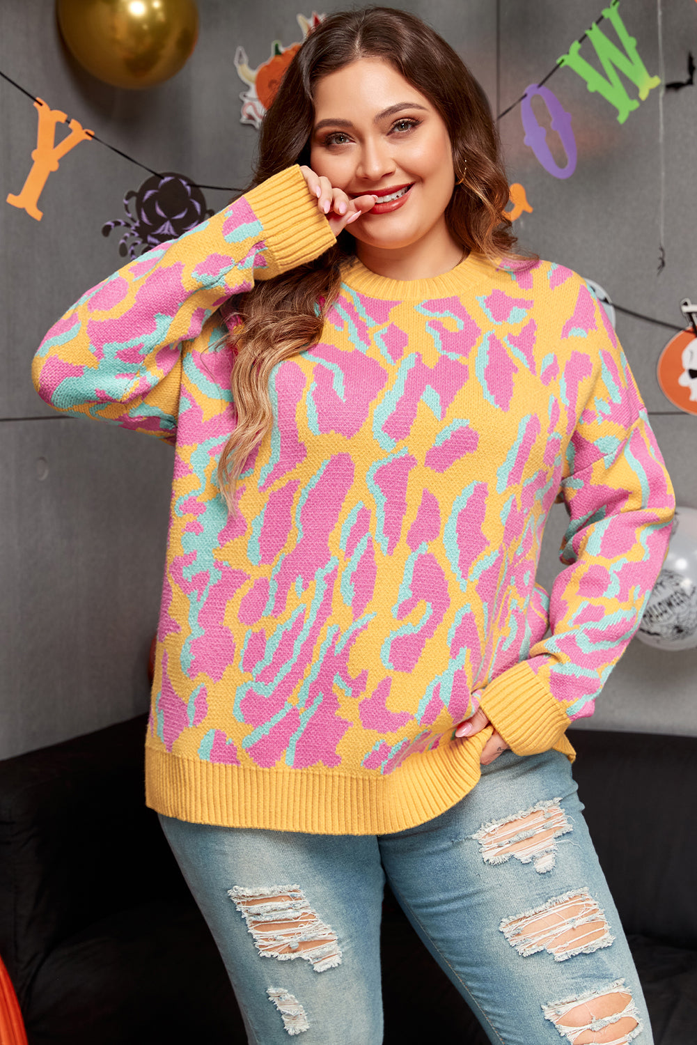 Plus Size Leopard Ribbed Trim Crewneck Sweater