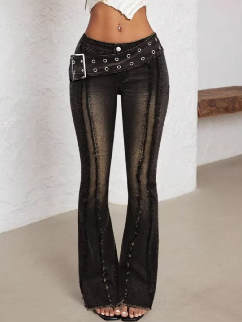 Belted High Waist Flare Jeans