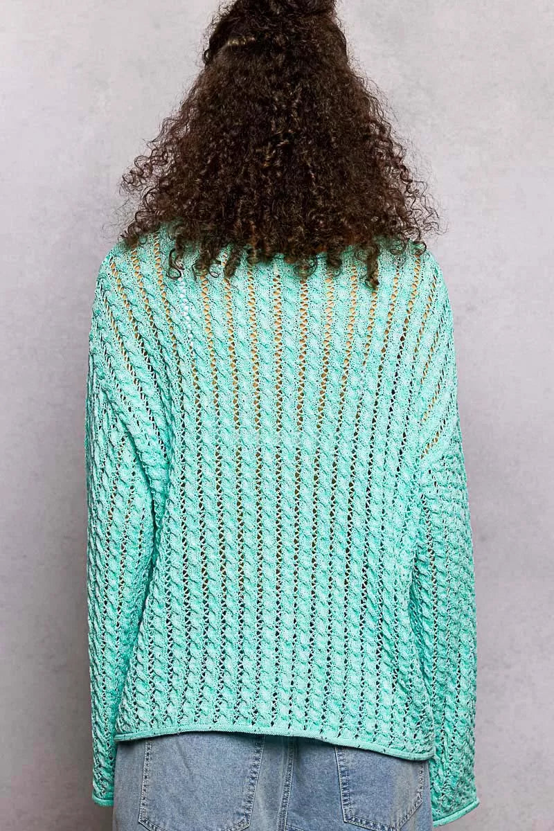 POL Openwork Round Neck Knit Top with Shiny Detail
