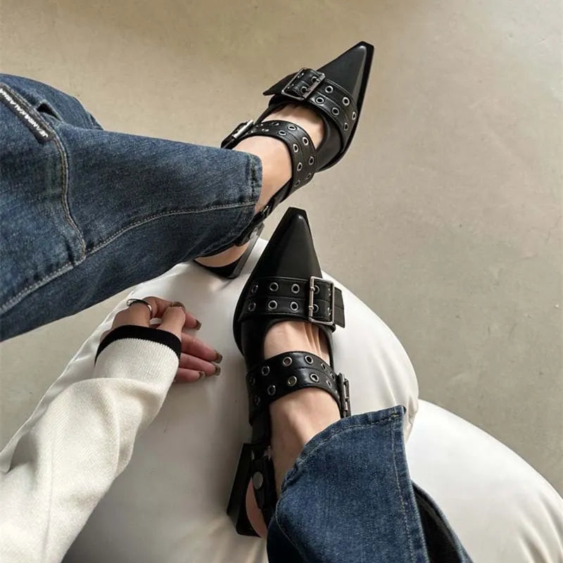 Point Toe Eyelet Buckle Slip-Ons