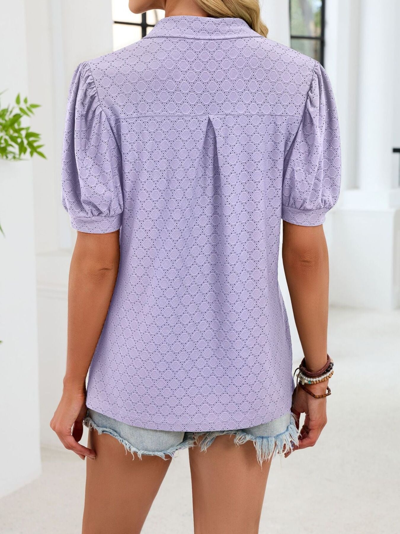 Eyelet Johnny Collar Puff Sleeve Top